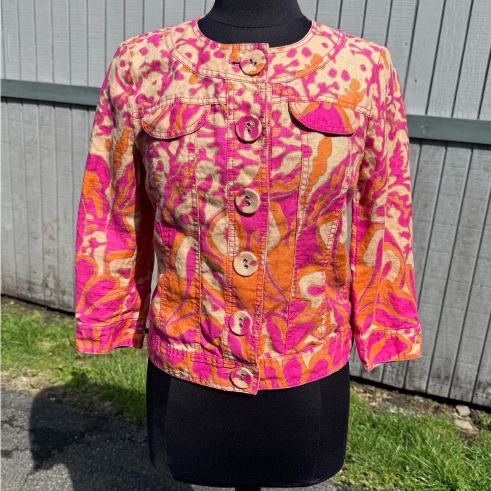 Focus 2000 Pink & Orange Printed Button-Front Linen Jacket